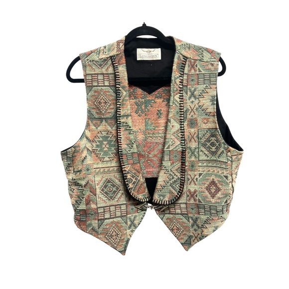 Vintage Jackets & Blazers - Vintage Longhorn Niver Western Vest Embroidered Tapestry Earthy Geometric XL